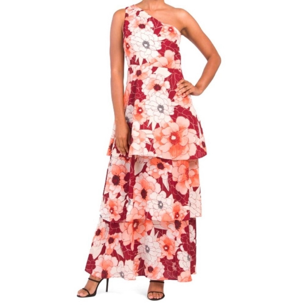 Rachel Roy Rita Maxi Dress Red White 10 Ruffles Tiered Travel Cruise Wedding